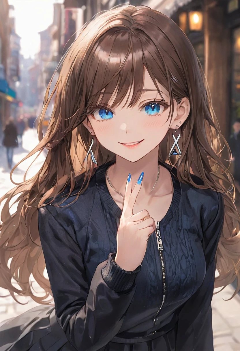One girl, Ahoge, bangs, black skirt, black sweater, Blue Claws, Blurred, Blurred background, chest, Blue eyes, Brown Hair, brown Jacket, Mouth closed, Day included, Day, Depth of written boundary, Earrings, eyelash, Raise your hand, Tilt your head, Jacket, jewelry, Long Hair, Long sleeve, View Viewer, medium chest, Manicure, Open clothes, open Jacket, Outdoor, Pursed lips, Tucked in shirt, Side Lock, skirt, Sleeves are longer than the wrist, alone, sweater, Upper Body, zipper, smile, ((masterpiece)),