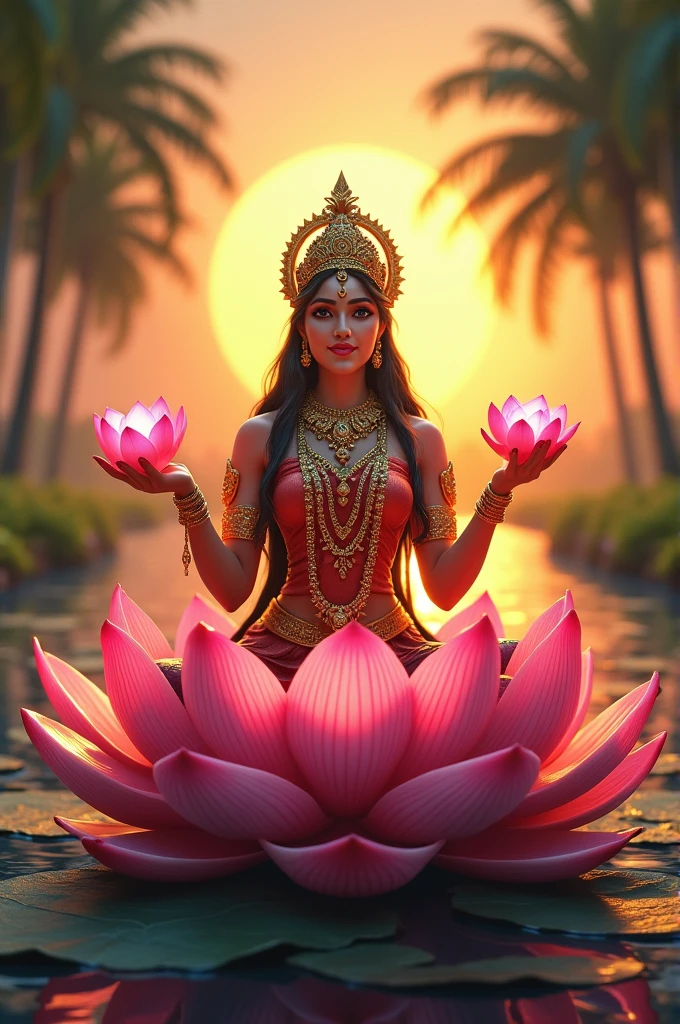 Create Realistic Image Lord Lakshmi is a lifelike, realistic artwork of Goddess Lakshmi seated on a large, colorful lotus flower. Goddess Lakshmi is adorned with elaborate jewelery and crown, with separate shining lotus flowers in each of her hands. Her eyes are clearly visible and her face is beautiful. She is surrounded by a halo of light emanating from her figure, with a sunset backdrop shaded by palm trees on either side. This scene gives a feeling of peace and divine presence.