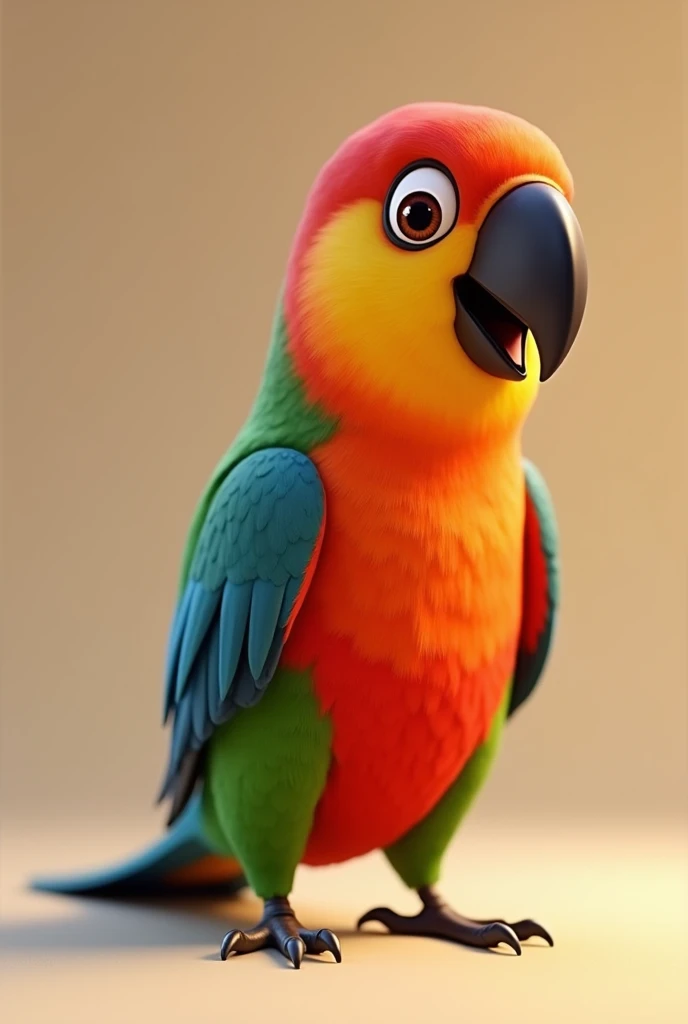 Pixar-style 3D animation of a bird of various colors, of the rosella species Parakeet-omnicolor platycercus eximius, with a neutral background in the image