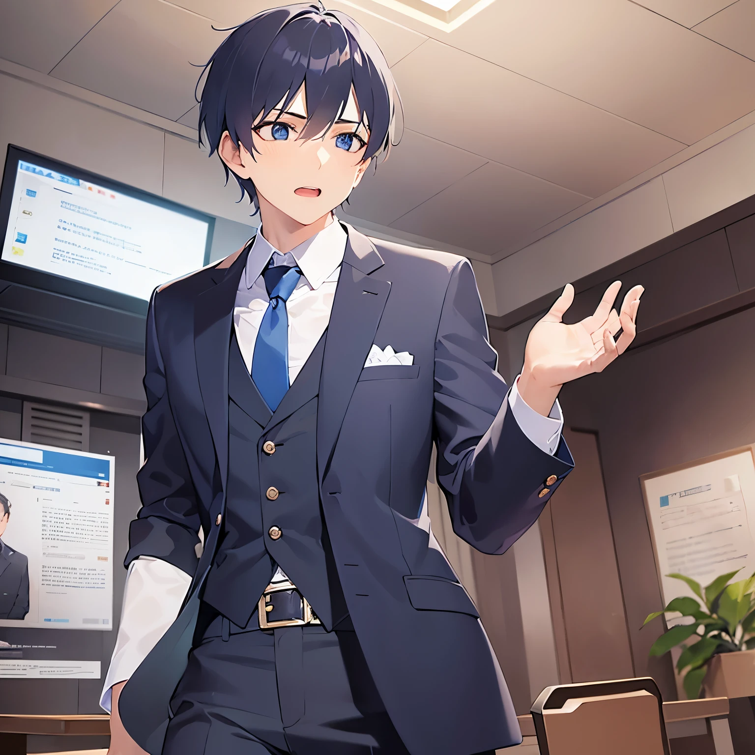 side angle,（looking away:1.5）upper body,waving hands front own chest、shiny skin, masterpiece、Highest quality、 (2 male:1.5) and (Black short hair) and (blue eyes), (Wearing a suit:1.5) and (Blue tie)、 petrified ,open mouth, The background is the conference room、（alone:1.5）