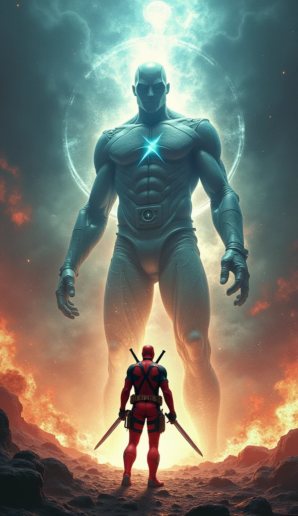 In a surreal clash, Deadpool stands defiantly before the Beyonder, a mere speck of chaos against an infinite force. The world around them warps as the Beyonder effortlessly bends reality, but Deadpool, with a grin and a shrug, charges forward, blades drawn, cracking a joke in the face of omnipotence. The Beyonder, momentarily intrigued by this fearless mortal, hesitates. For a brief, iconic moment, it’s not a battle of strength, but of will—Deadpool’s irreverent spirit against the vast emptiness of the Beyonder’s power. In that instant, the impossible seems almost possible, as humor and humanity confront the divine.