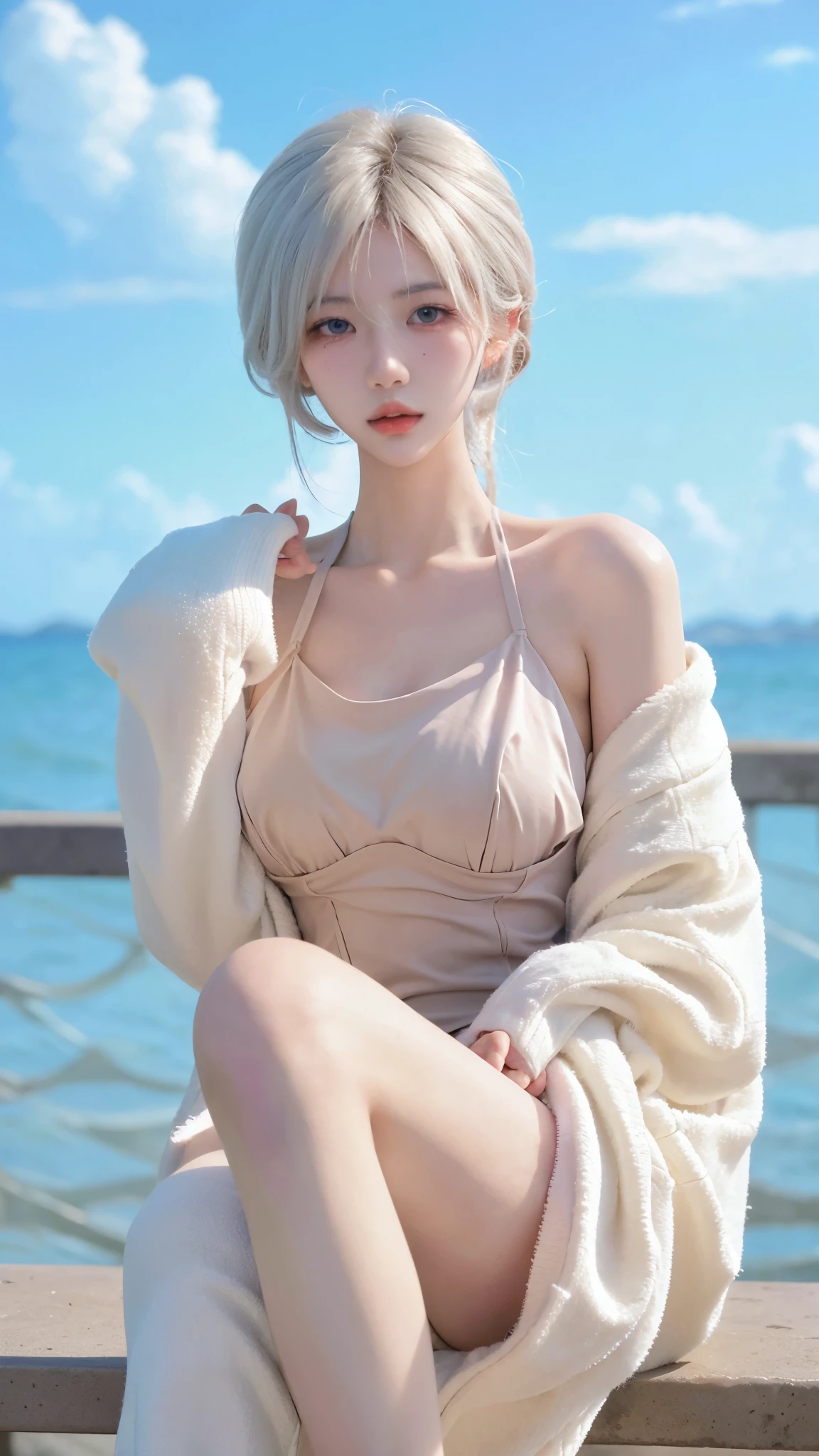 Beautiful woman with perfect figure:1.6,Ultra-high resolution,4K,Beach Background,Long hair,Big Breasts,cute,White legs,(Lifelike:1.4),Layered hairstyle,White skin,whole body,Very delicate face and skin texture,Double eyelids,Skin Whitening,White hair,