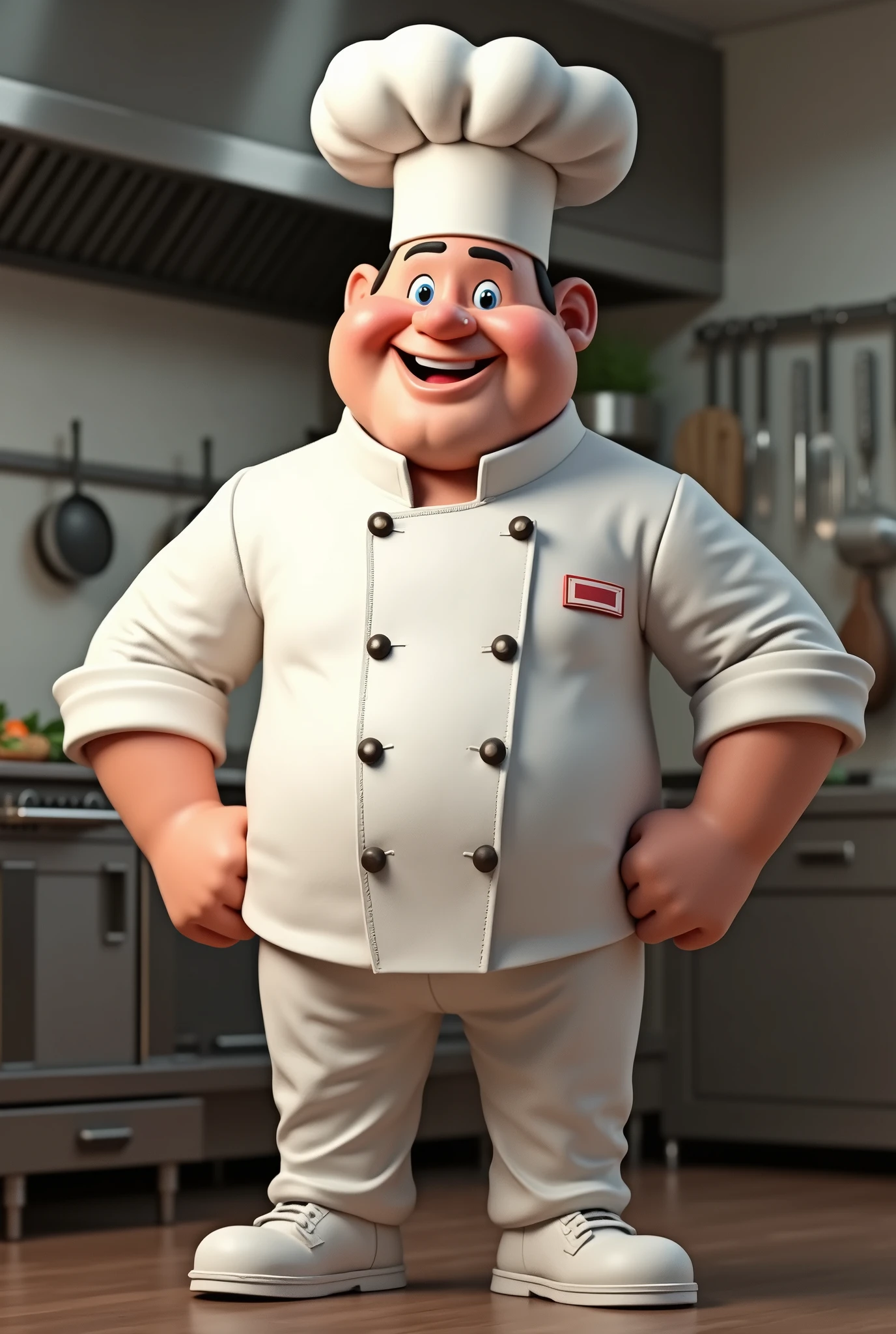 A realistic 3d American chef mascot with one hand open as if presenting something and the other on his waist