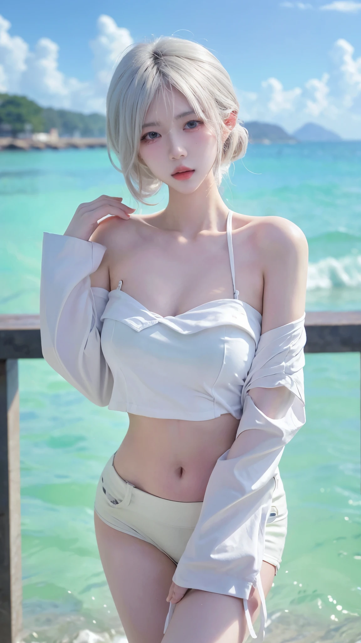 Beautiful woman with perfect figure:1.6，Ultra-high resolution，4K，Beach Background，Long hair，Big Breasts，cute，White legs，(Lifelike:1.4)，Layered hairstyle，White skin，whole body，Very delicate face and skin texture，Double eyelids，Skin Whitening，White hair，