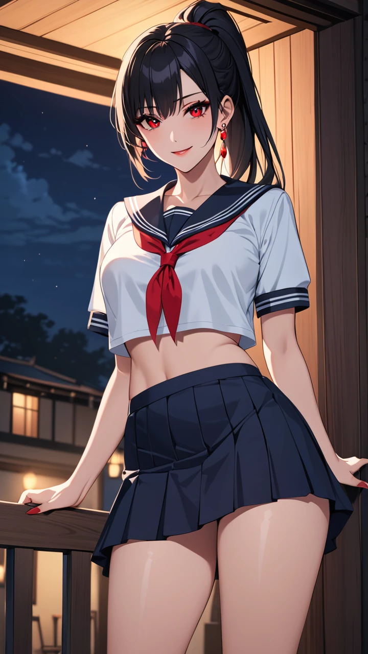 Highest quality masterpiece High resolution masterpiece Black hair Red sharp Eyes, high pony tail cut, seductive smile, tight, outside, night, mature female, earrings wearing sailor uniform, skirt, nightmare, seducing, midriff
