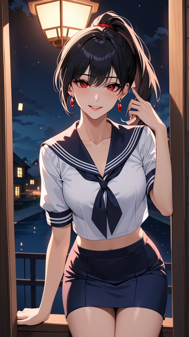 Highest quality masterpiece High resolution masterpiece Black hair Red sharp Eyes, high pony tail cut, seductive smile, tight, outside, night, mature female, earrings wearing sailor uniform, skirt, nightmare, seducing, midriff