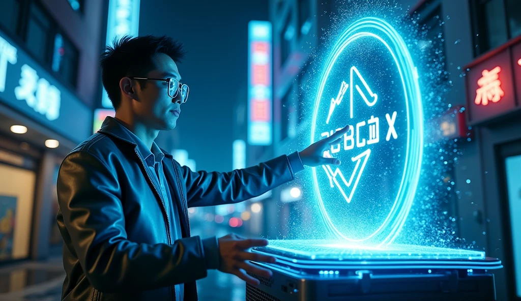 far-shot camera, Asian male character stands in front of a square hologram logo with the words "UrBox"in the wide growded street, character touch the hologram, The hologram logo explodes and emits an all-encompassing blue light. Outfit: Silver jacket, wae glass, strong gestures. Setting: Small alley between cyberpunk buildings. Lighting: Dark colors, faint blue lights from billboards. Effects: LED strips on the device gradually glow. Special: The scene evokes a sense of suspense and anticipation.