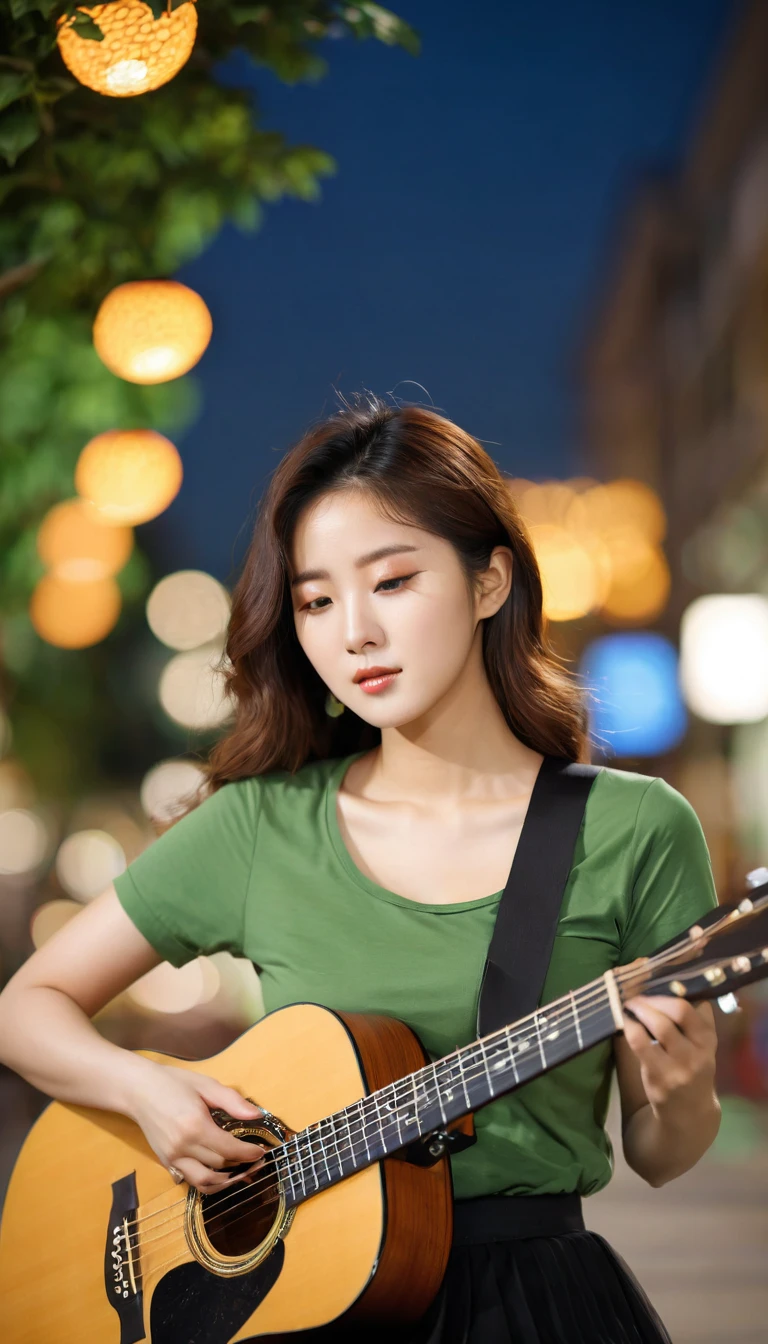 Raw photo of beautiful korean female, 34 inch breasts size, wearing fitting green t-shirt, Tight black knee-length skirt, playing acoustic guitar, bokeh background