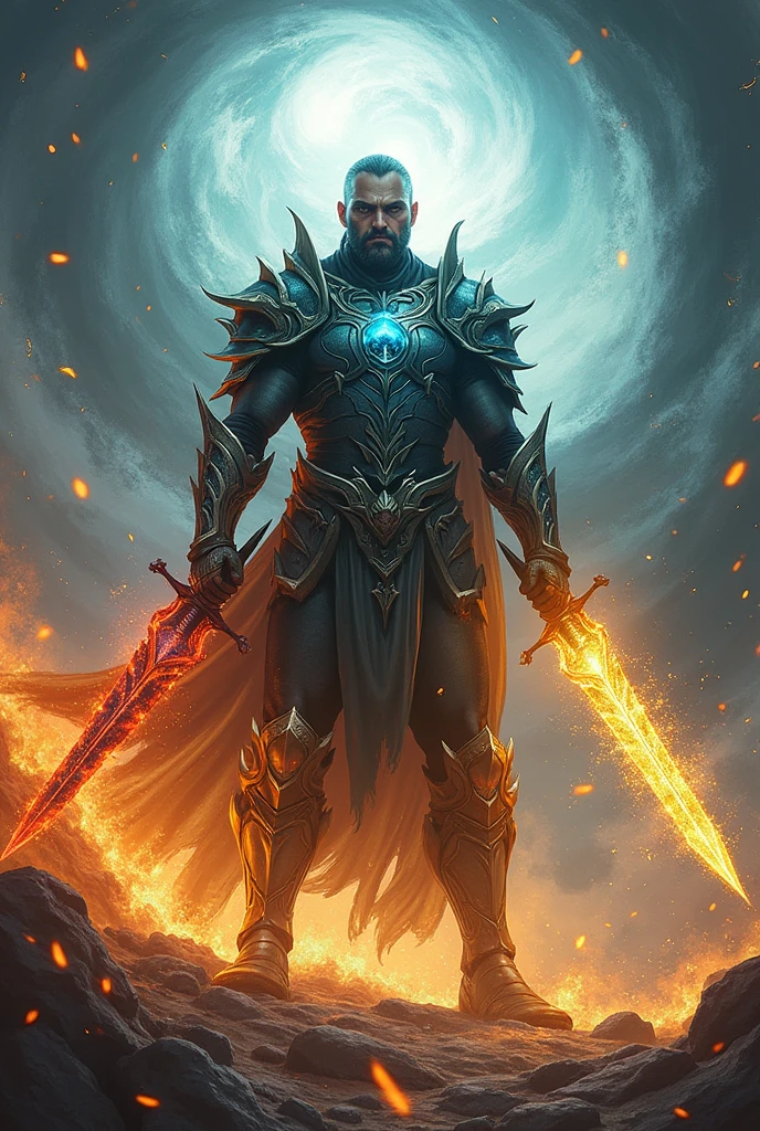 Un personnage puissant, en armure qui change de couleur selon les éléments : feu, eau, terre, et air. Son épée, élémentaire, tourbillonne de flammes, vagues, roches, et vents. Il se dresse au centre d'un vortex élémentaire.Résolution Haute, Qualité Meilleure, Details,