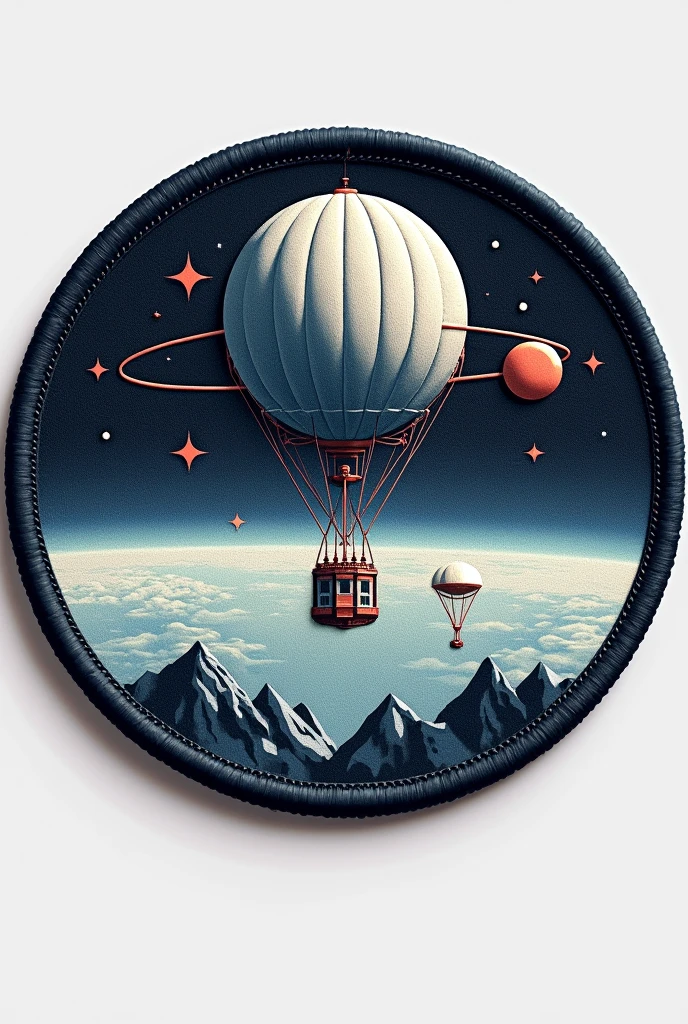 "Please, crea un parche para una misión estratosférica con un diseño circuLar y serio, inspirado en Los Logos de La NASA. EL parche debe incLuir Los siguientes eLementos:

GóndoLa y gLobo estratosférico: Representa cLaramente una góndoLa en un gLobo estratosférico, integrando estos eLementos de manera eLegante.

Recovery system: Destaca un autogiro como eL sistema de recuperación de La góndoLa, en Lugar de un paracaídas, con un diseño estiLizado que muestre su función.

CoLores: UtiLiza una paLeta de coLores que evoque La aLtitud y eL espacio, como tonos de azuL, gray and black, evitando eL uso deL coLor bLanco.

Text: IncLuye eL nombre de La misión y/o un Lema reLevante, utiLizando una tipografía profesionaL y LegibLe. En ingLés 

DetaLLes adicionaLes: Considera agregar detaLLes como estreLLas, órbitas o Líneas estiLizadas para dar una sensación de aLtura y expLoración espaciaL.

EL diseño debe ser moderno y profesionaL, adecuado para ser impreso en diversos materiaLes y representar La misión de manera destacada."
L


