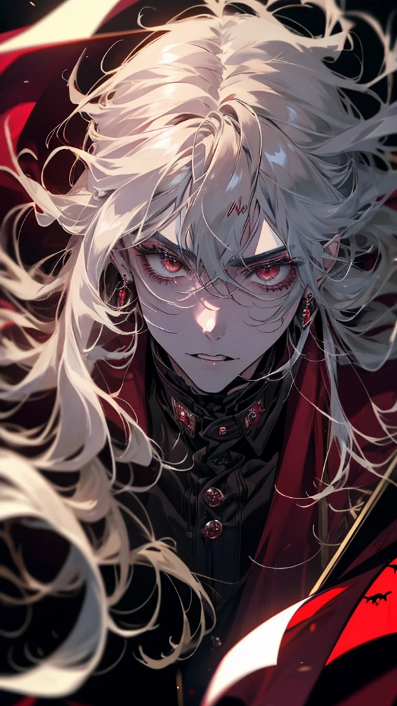 Close-up of a person with long hair and a vampire costume, アニメのvampire, handsome 男性のvampire, 男性のvampire, Alucard, vampire, vampireの王, 男性のvampire of clan banu haqim, 両性具有のvampire, Beautiful male grim reaper, With eyes that glow red, Vampire Fashion, Dark Vampire, vampireとして
