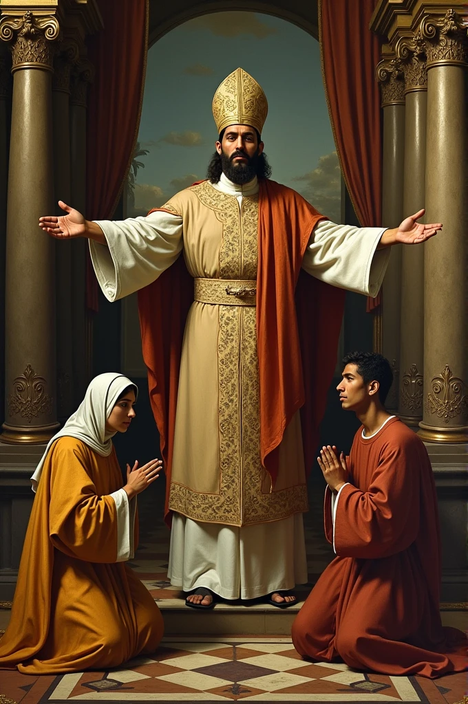 Bishop Saint Toribio de Mogrovejo extending his arms to both sides and to his left is Saint Rose of Lima kneeling and to his right is Saint Martin de Porres kneeling.