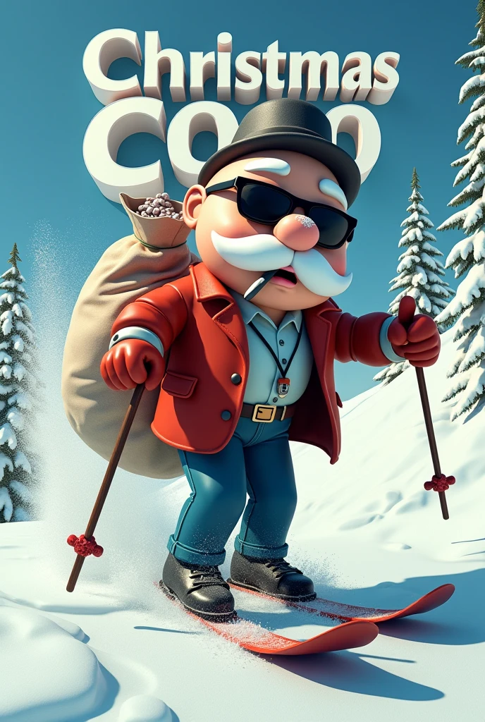 Mr. Monopoly with a little white powder under and on his nose with black tinted glasses with a joint in his mouth completely smashed who skis down a mountain with a big open bag filled with white powder and behind him an avalanche where it says Christmas coco in 3d on the avalanche and in cartoon style