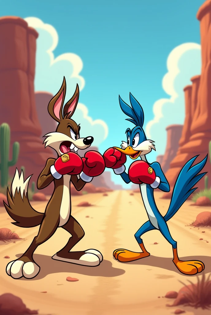 Willy the Coyote and the Road Runner as boxers