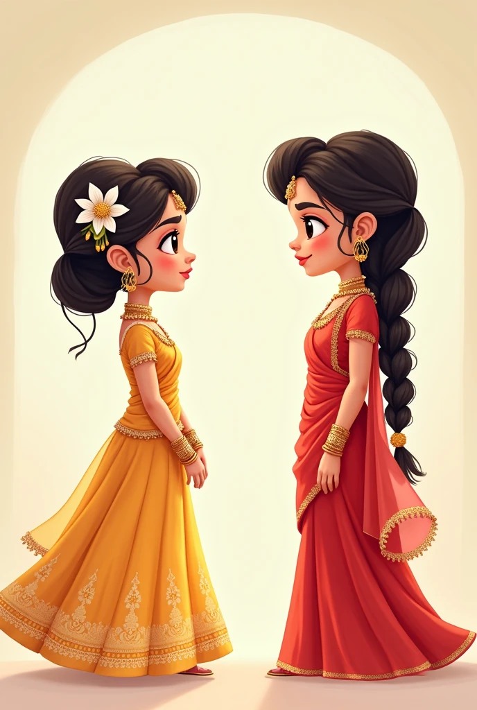 2d cartoon illustration an Indian girl bride.2 poses She wearing a gold lehenga with a bun and white flower and holding her waist.2 pose in red saree with long hair braided,looking shy.Both poses they are standing far but looking at each other.