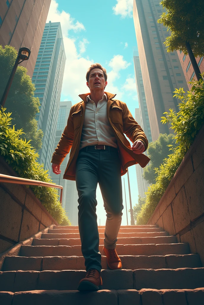 A man climbing in up direction of the success stairs of wealth abundance and prosperity in the beautiful city