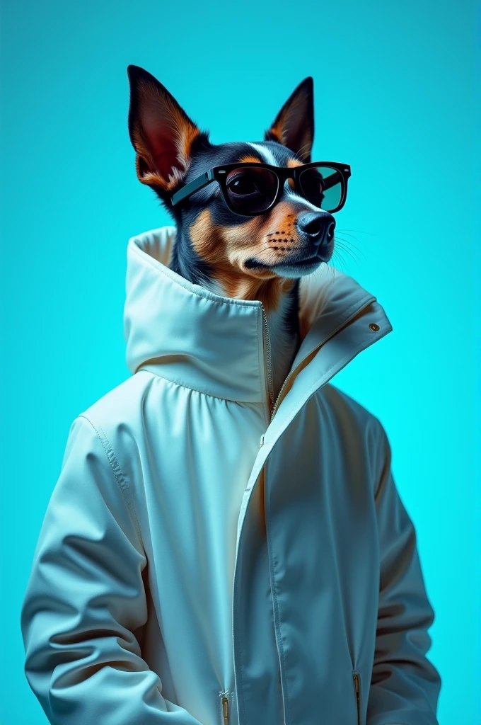 The best cell phone wallpaper, Award-Winning Wallpaper, portrait photography, In the front view is a portrait of a cute dog wearing mid-1960s space age fashion, Side view photo, Shot with Canon EOS R5, Set a strong contrast that accentuates the subject, Fluorescent blue tone, Wearing a very modern coat and sunglasses is a modern 1960s style, Clothes all in one color, beautiful background