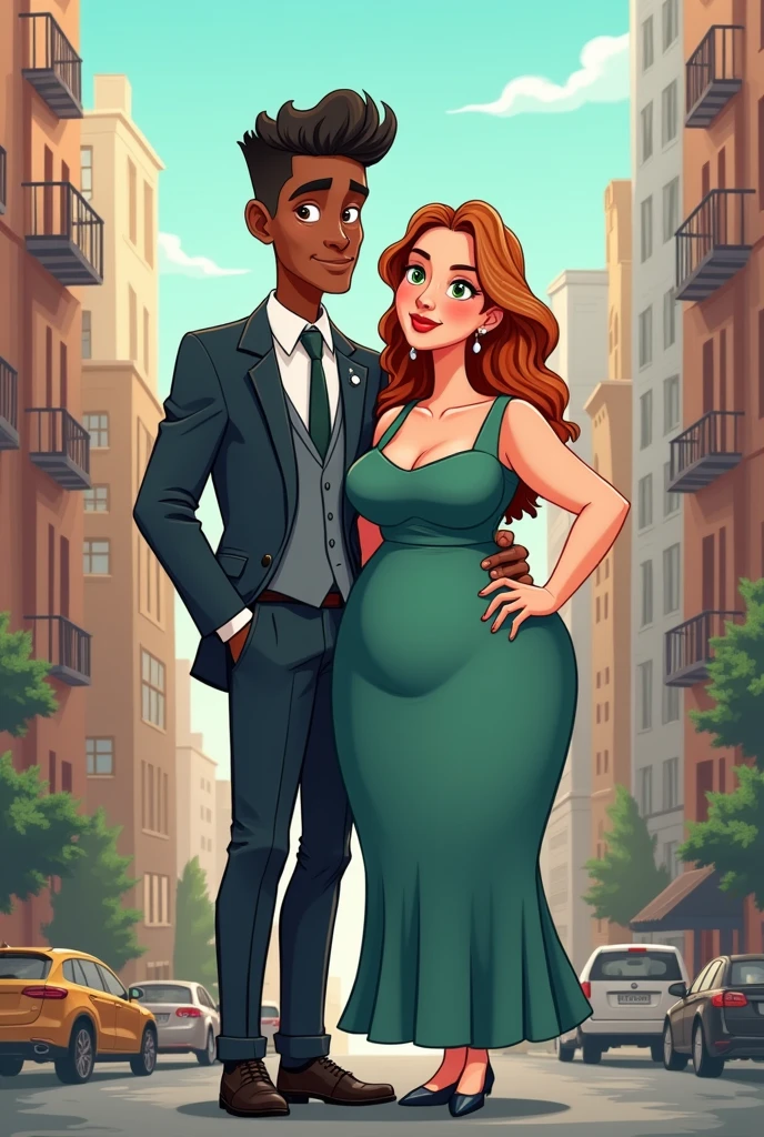 Cartoon style illustration of a couple consisting of a young black man with short haircut, super tall stature with a thin but muscular body, with thin facial features wearing formal clothing and by an extremely white woman, lowrise, curvilinea, with broad shoulders, with a wide and defined body, green-eyed, with wavy light brown hair with a shade of red, wide hip, thick-thighs, tiny waist and very large buttocks wearing a long, long-sleeved, modest dress. The two in New York.