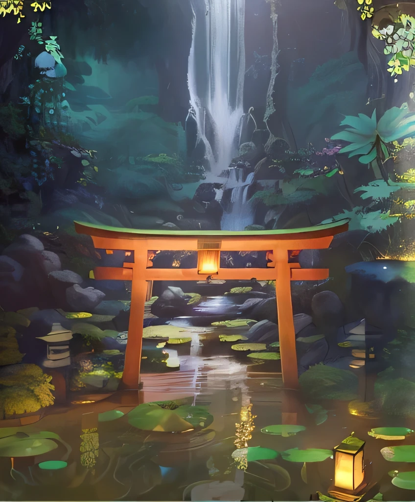 fantasy environment, tori gate, pond, lily pads, lanterns on pond, bottom of waterfall, asian stone lamps, rocks, trees, bushes cinematic sunlight