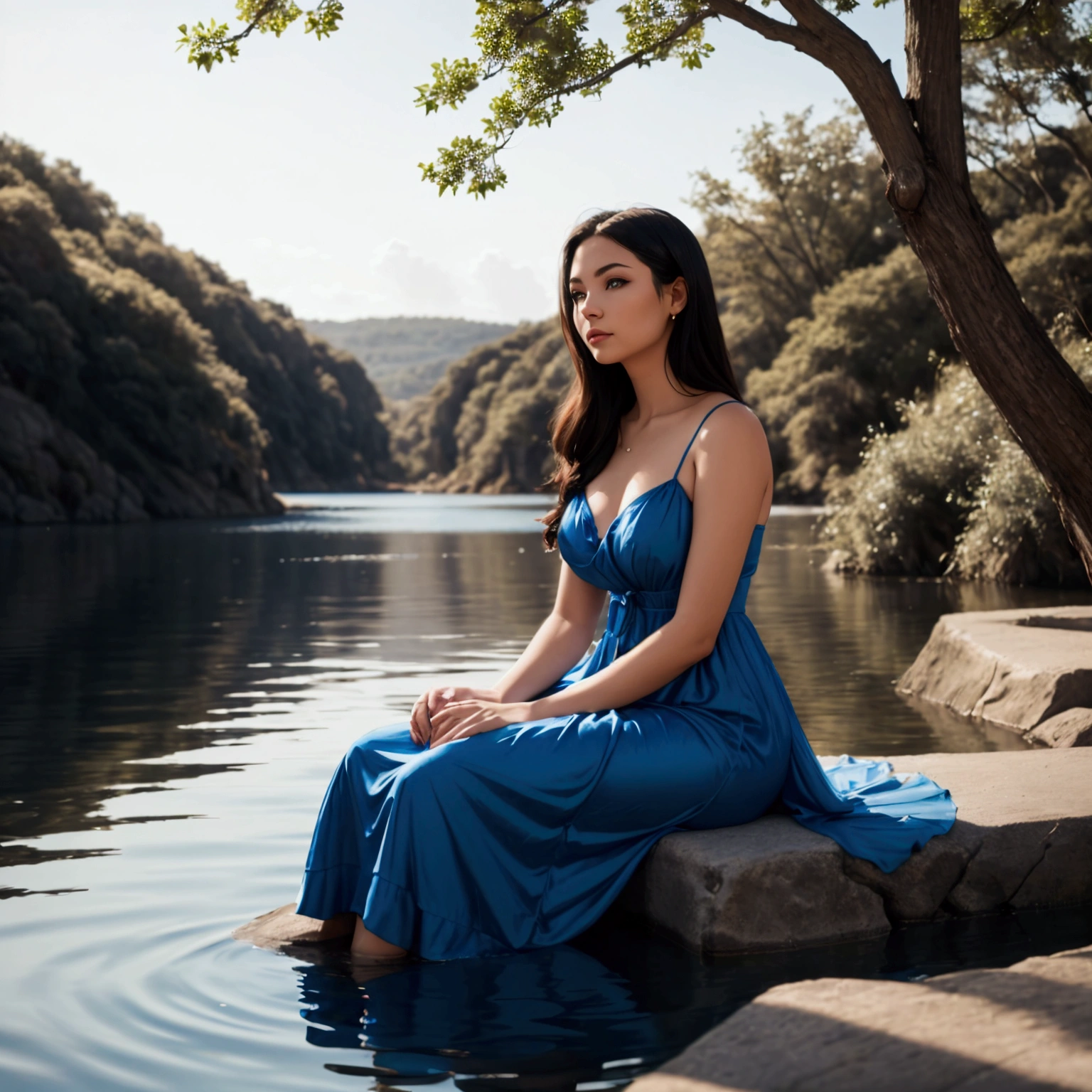 A woman in a blue dress is sitting in a body of water