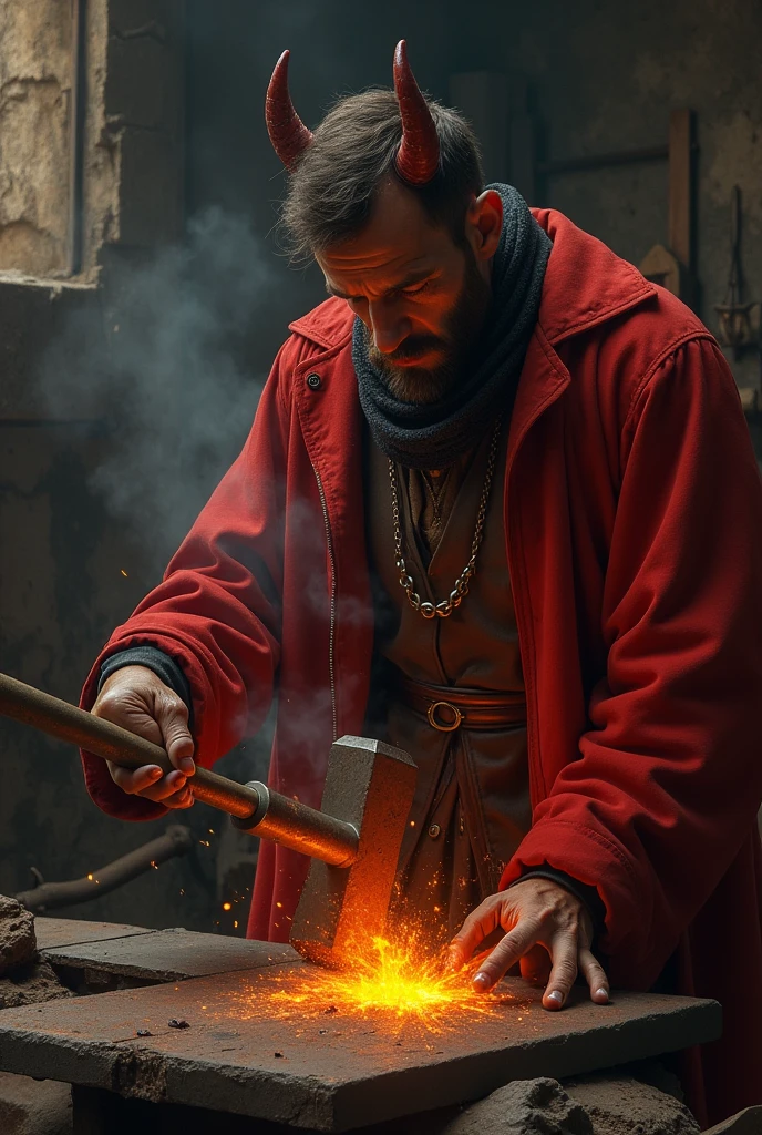 In the 12th or 13th century, there lived a very unskilled craftsman who went from workshop to workshop, bet sem nunca obter o título de mestre. One day, working in a forge in a seaport, it happened that the welding of one of these iron pieces failed. They blamed him. His colleagues beat him up and, after, followed to a cabaret.
The poor craftsman cried in a corner of the workshop, when he saw a man dressed in red approach him and ask him the reason for his pain.
after de ter explicado a sua desgraça, the man in red told him:
— Don't worry. Back to ascending to forge. We will weld the anchor.
trembling, the craftsman obeyed.
When the irons were already shining, gathered them on the anvil, bet, when raising the hammer, he lacked strength, letting the tool slip.
The red man hit, Then, with the handle on the iron and the anchor was welded. after, said to the worker:
— I am the Devil. If you make a pact with me, You will be the most skilled locksmith of all and you will be able to do any job you want.
Without waiting, the devil disappeared, leaving the worker with two gold coins: were the deposit of the pact; ao mesmo tempo, the locksmith acquired two small horns on his forehead.
When he joined his comrades at the cabaret, they called him crazy and gave him the nickname Biscornet1, that came to us.
Desde Then, He became very skilled and produced high-quality metalwork.. In an adverse situation, the red man appeared a second time and, after de tê-lo tirado do apuro, called him to sign the pact that would bind him to him.
Biscornet gave his soul to the devil and promised him his first male child..
Algum tempo after, he is offered the job of working on the doors of the church of Notre-Dame de Paris. No worker wanted to do it. Biscornet, However, accepted it. Carefully locked in its workshop, quickly completed the work with the help of the Devil. In just one night, they placed the two side doors: Biscornet, the north door, through which it is done