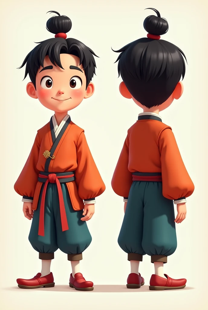 Create a two-part image of the front and back views of a Pixar-style character design.. The character trait is that of a Korean boy warrior., He has black hair and a topknot., He has a playful and lively impression., The clothes are Hanbok, a traditional Korean costume., The lower garment is also a pair of pants in the Hanbok style, not the Japanese style.,The style of Hanbok is not too flashy and is rather plain., 그리고 이미지의 포즈는 T pose로 해줘, T pose, Design drawing style