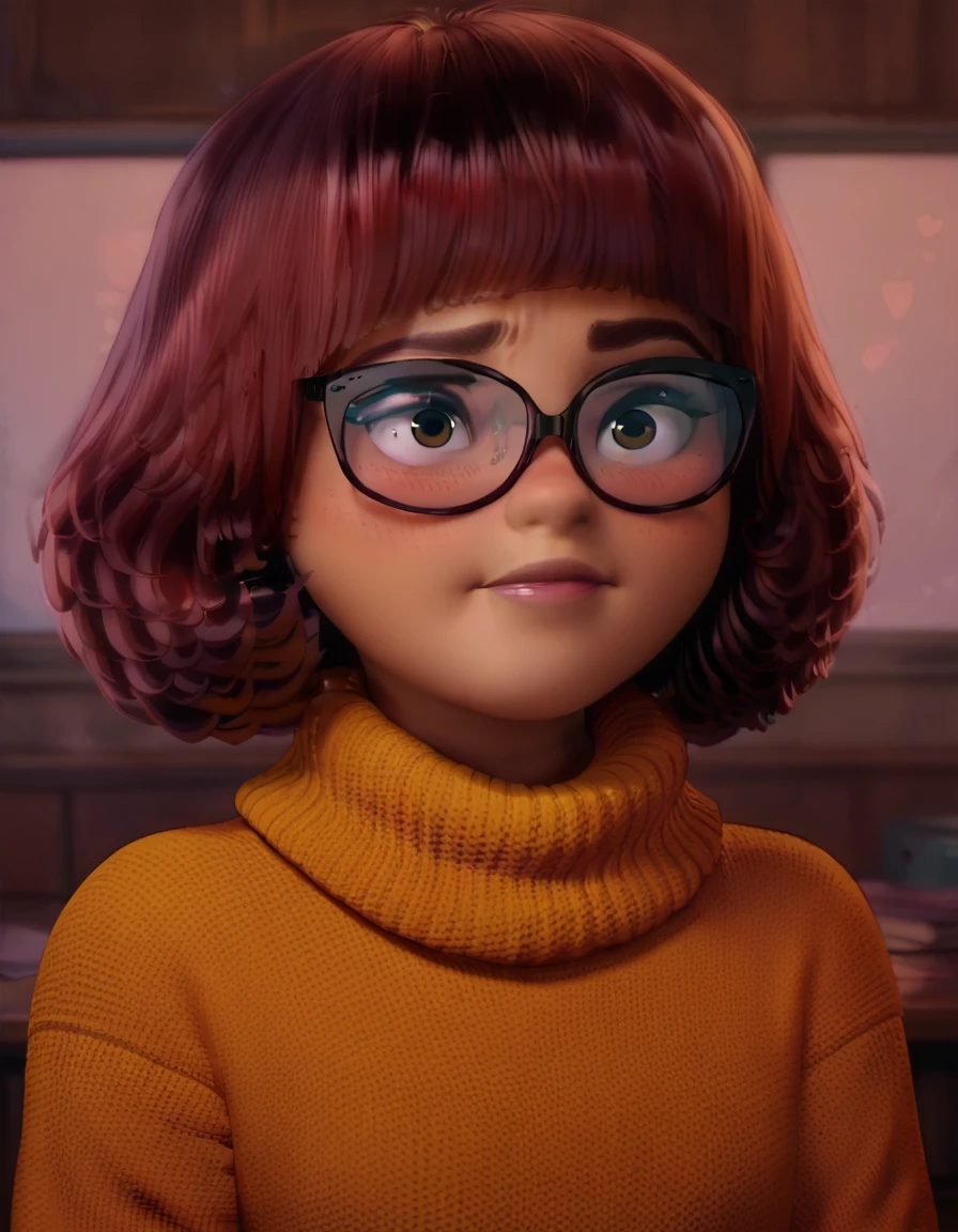 velma, eyes browns, dark brown hair, glasses, blush, orange sweater, ssmile, blush, just the face, upperbody, facing the front, looking at the spectator, best qualityer