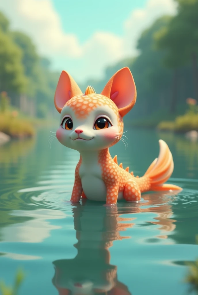 A 3D animation of a cute and tender catfish which has a large and majestic humanoid body that lives in a lake or in the water and has small ears that do not look like a cat.