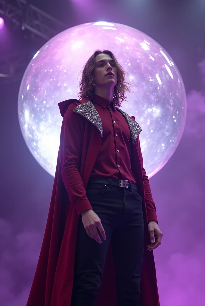 artwork best quality realistic image handsome american male teenager long brown hair light skin with burgundy button down shirt and black pants with burgundy coat cape and hood on head with intricate silver details glowing inside a giant crystal ball and singing with a microphone in his hand with purple lights around him illuminating him intricate details seen from afar at a concert with details uhq details 8k realism