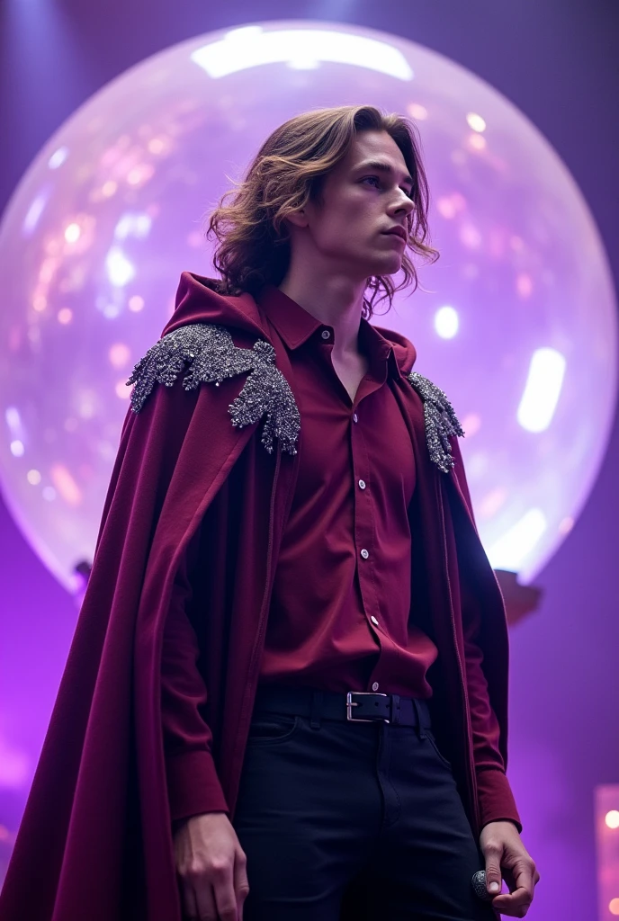 artwork best quality realistic image handsome american male ager long brown hair light skin with burgundy button down shirt and black pants with burgundy coat cape and hood on head with intricate silver details glowing inside a giant crystal ball and singing with a microphone in his hand with purple lights around him illuminating him intricate details seen from afar at a concert with details uhq details 8k realism