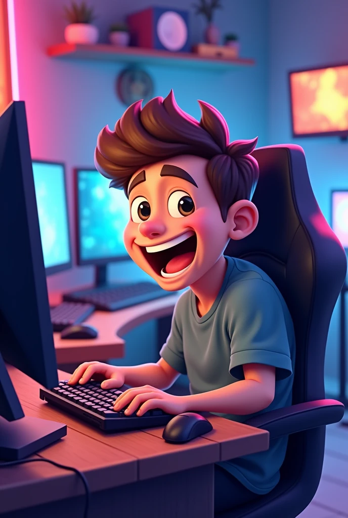 Create a cartoon design of a happy young man using a computer in a large gamer room with bright, colorful lights