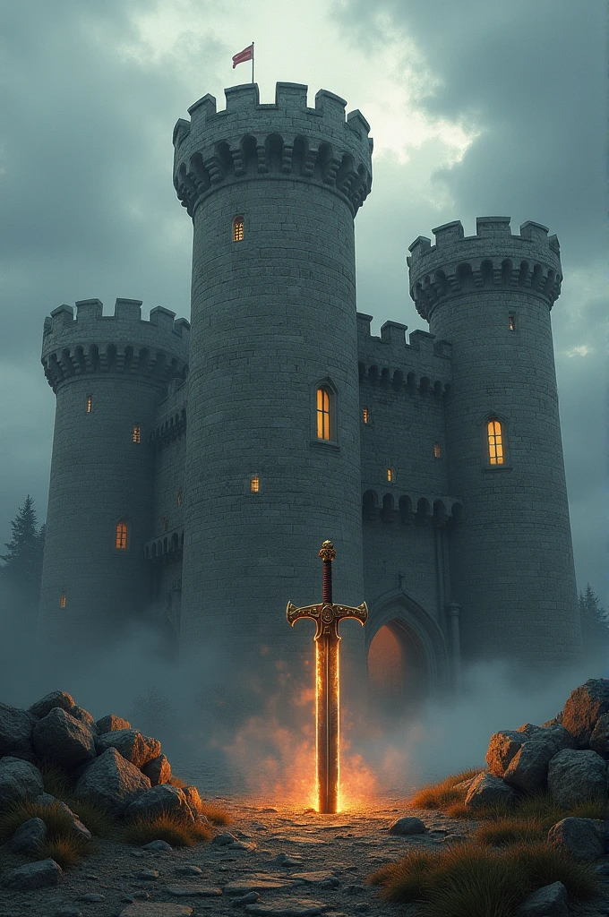 **Prompt:**
"A large, ancient stone castle stands majestically under a cloudy sky, with thick, weathered walls and round towers that evoke a medieval atmosphere. In the foreground, a sword is embedded in the ground, its blade glowing with a faint, magical light, and surrounded by a subtle fiery aura. Above the castle, the words 'NERATHAL WORLD' are prominently displayed in bold, stylized letters, blending into the rugged and epic fantasy theme
