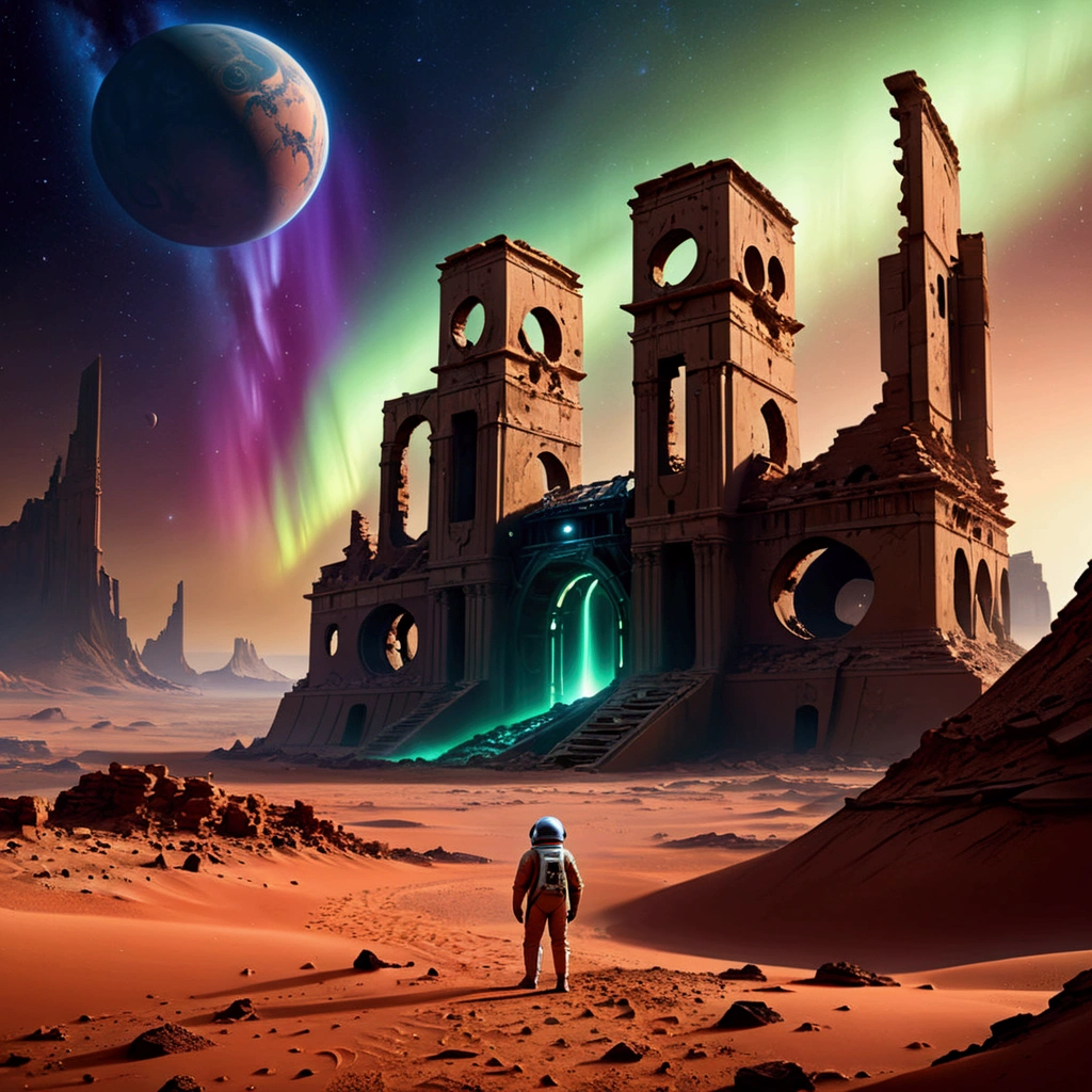 Night view, Northern Lights in the starry sky, (The ruins of an alien civilization's architecture)On Mars,Crumbling structure,The environment is desolate,Infinite horizon,Atmospheric perspective,Astronaut explorer,Weird atmosphere,Strange symbols,Surreal landscape, Unobstructed panoramic views,dusty red sand,(Sci-fi concept art),(best quality,4K,8k,highres,masterpiece:1.2),ultra-detailed,(realistic,photorealistic,photo-realistic:1.37)