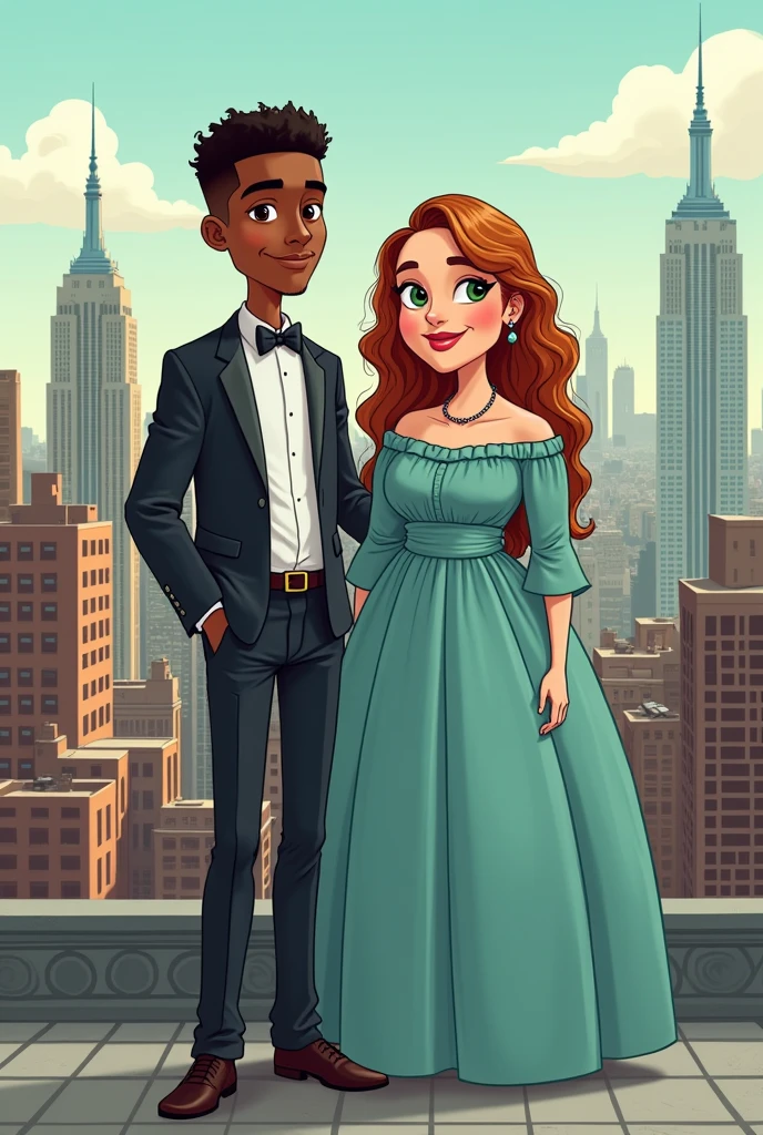 Cartoon style illustration of a couple consisting of a young black man with short haircut, super tall stature with a thin but muscular body, with thin facial features wearing formal clothing and by an extremely white woman, lowrise, curvilinea, with broad shoulders, with a wide and defined body, green-eyed, with wavy light brown hair with a shade of red, wide hip, thick-thighs, tiny waist and very large buttocks wearing a long, long-sleeved, modest dress. The two in New York. 