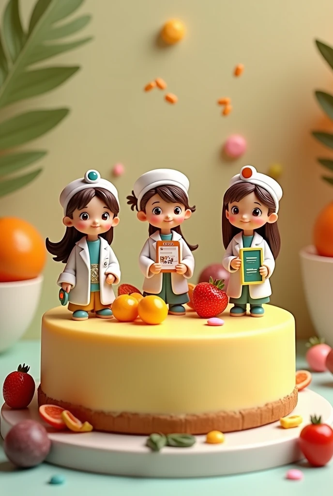 Custard cake with 3 nutritionist dolls and nutrition stuff on the cake
