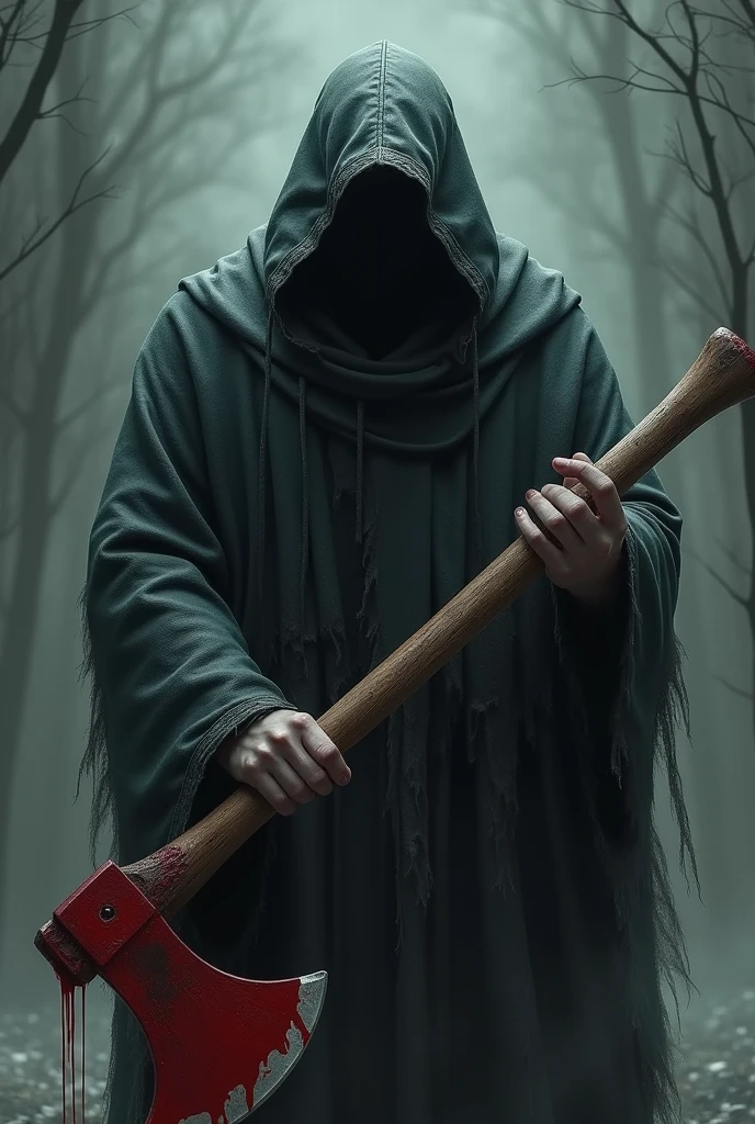 A person in a black hood holding a bloody axe