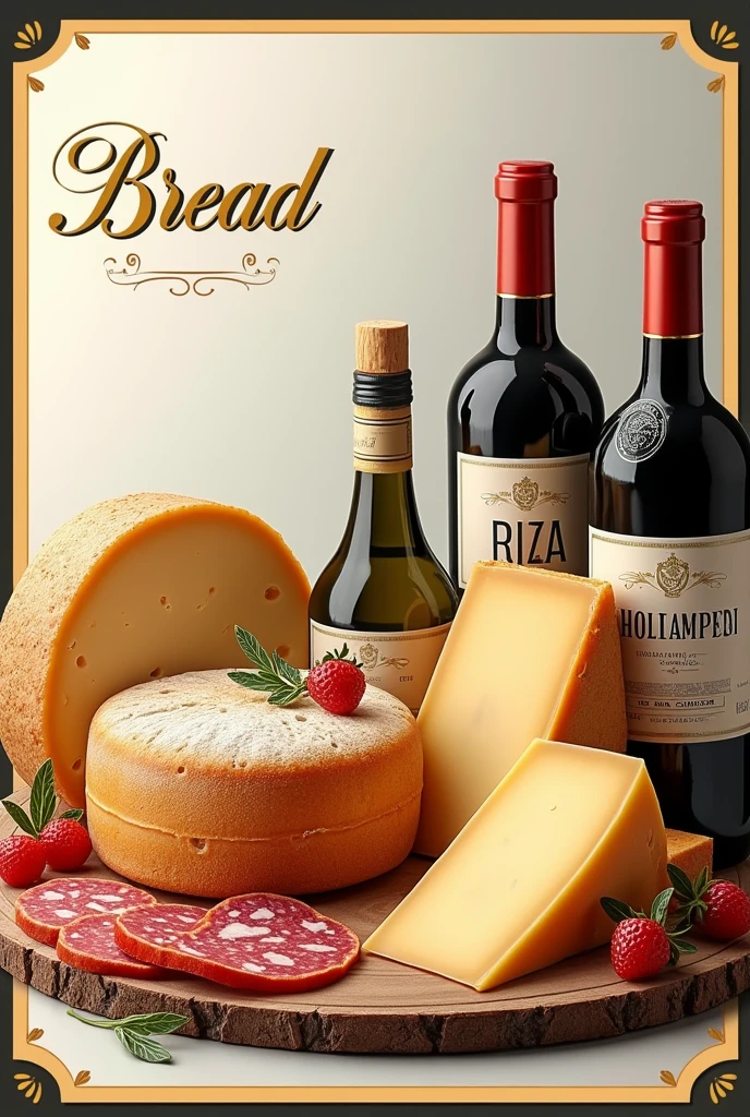 create a realistic banner of cheeses wines and cold cuts mortadella salami in general with yellow and black borders with the name bread.with a footer and a space on the left side to place a product price table