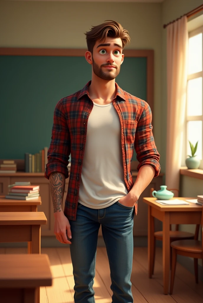 Disney Pixar style cover of a handsome man, high, thin white tea, brown hair combed to the side, with beard, green eyes, with jeans, plaid shirt, black boots in a classroom