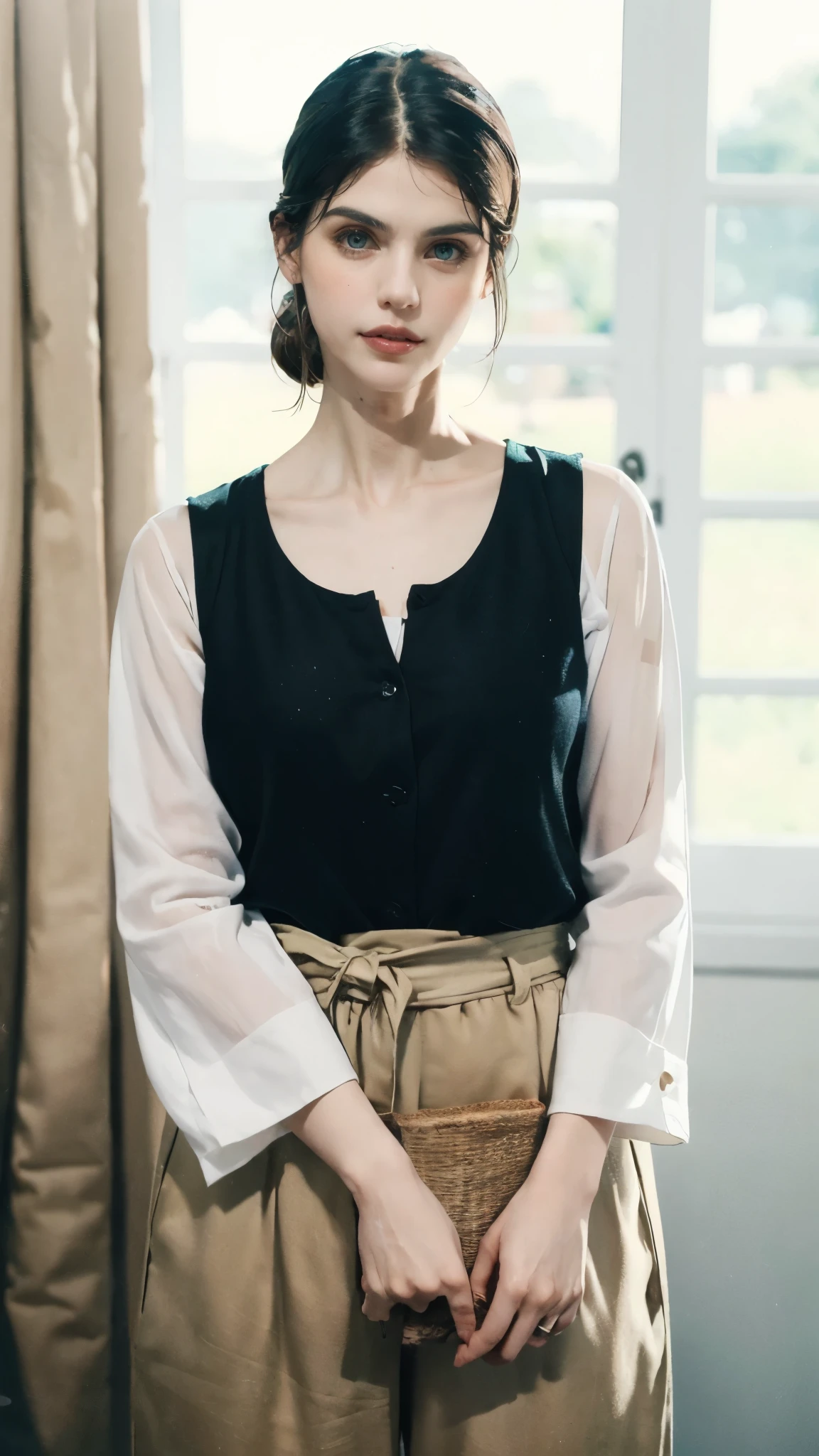 (masterpiece:1.2, best quality:1.2, extremely delicate:1.2), ((Alexandra Daddario:1.2)), a women with short brown hair slicked back, topknot hairstyle, small center-parted fringe, deep eyes, straight eyebrows, perfect face, playful smile, a azure blue fantasy-style cloth vest jacket over a long-sleeved white undershirt, a black waistband, coarse cloth trousers the backdrop of a fantasy-style border outpost, this character embodies a finely crafted fantasy-style female warrior, exquisite photography, Photo realism, photorealistic, goddess, pale skin, perfect skin, textured skin, detailed skin, porcelain skin, dramatic, high definition, highres, ultra-detailed, ultra-fine painting, professional, perfect body proportions, golden ratio, anatomically correct, symmetrical face, perfect eyes, extremely detailed eyes and face, high quality eyes, creativity, RAW photo, UHD, 32k, Natural light, cinematic lighting, (masterpiece-anatomy-perfect:1.2)