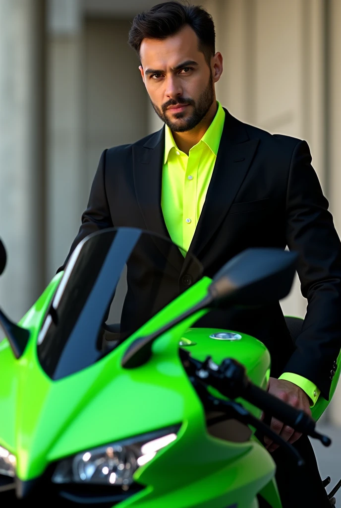 A man in a black tuxedo with a neon green button shiet under the tux sitting on a green honda cbr300r 