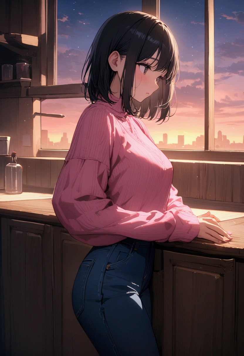  short straight black hair with pink sweater and blue jean