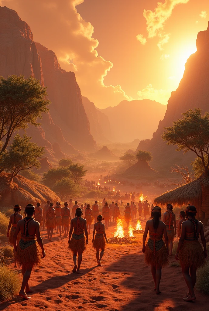 scenario with many indigenous people on Mars , and several villages made of hollow , e várivers indígenas dançando em círculos e muitas músicas, rivers, auspicious clouds, sunshine light, Trees,animals , camp fire , Indians dressed in straw clothes and painted faces , ultra HD, high qualiy, extremely detaild, offcial art, super detaill, 32k - v.6