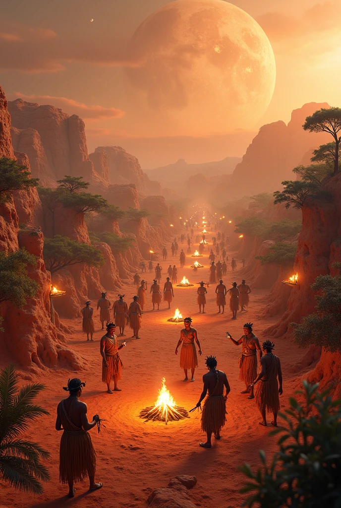scenario with many indigenous people on Mars , and several villages made of hollow  ,  e várivers indígenas dançando em círculos e muitas músicas, rivers, auspicious clouds, sunshine light, Trees,animals  , camp fire , Indians dressed in straw clothes and painted faces , ultra HD, high qualiy, extremely detaild, offcial art, super detaill, 32k - v.6