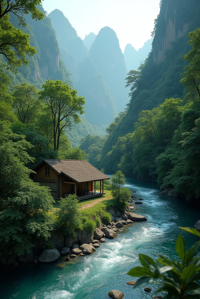 Photorealism 1.2 high definition 8k realistic realism hut at river bank rainforest mountain from above bird eyes view river stream rock on river bird bypass