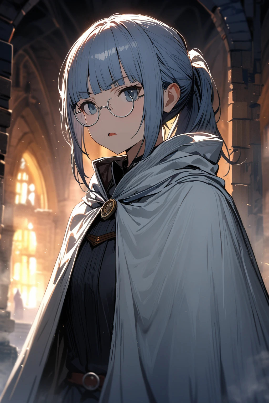 (extremely detailed fine touch:1.3), girl, solo, alone, 2.5d, (((silver semi-rimless round eyewear:1.3))), ponytail, smooth hair, blunt bangs, serious, open mouth, fantasy, holding sword, (white knight wizard cloak:1.3), Demon King's Castle, spooky atmosphere, mist
