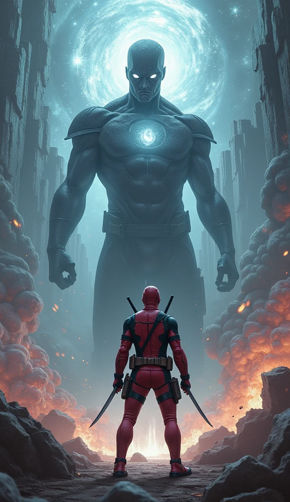 In a surreal clash, Deadpool stands defiantly before the Beyonder, a mere speck of chaos against an infinite force. The world around them warps as the Beyonder effortlessly bends reality, but Deadpool, with a grin and a shrug, charges forward, blades drawn, cracking a joke in the face of omnipotence. The Beyonder, momentarily intrigued by this fearless mortal, hesitates. For a brief, iconic moment, it’s not a battle of strength, but of will—Deadpool’s irreverent spirit against the vast emptiness of the Beyonder’s power. In that instant, the impossible seems almost possible, as humor and humanity confront the divine.