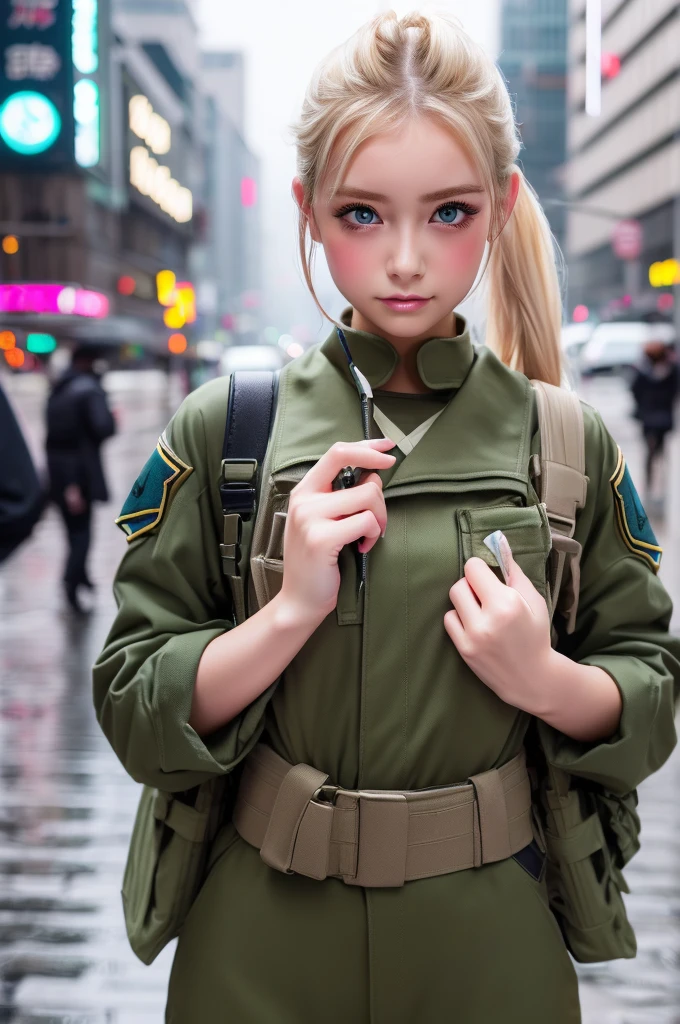 ((Highest quality)), ((masterpiece)), (detailed), high ponytail, ((Blonde)), Beautiful girl with erect penis:1.35), Cute Eyes, Green eyes, False eyelashes, (((Watery eye))), (Blushed:1.3), white skin, (soldier:1.4), gas mask, ((bulge)), outside, raining, crowded city, fog, evening, neon sign