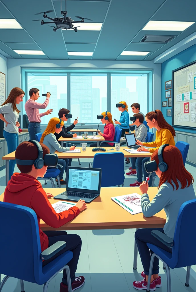 Depicting a bright classroom,Full of technology。Students in the classroom can use VR glasses for virtual reality learning,They can explore various scenarios and knowledge in an immersive way。at the same time,There are also students drawing cartoon characters,Showing their creativity and artistic talent。Teachers are teaching students how to take pictures with cameras,Develop their photography skills。Some people paint with brushes,Express your thoughts and feelings。at the same time,There are students exploring in the classroom,Discover new knowledge and discoveries。There are even students operating drones to measure,Demonstrate technology applications and innovation。The entire illustration can be arranged vertically,Highlight the character's face and expression,This illustration is suitable for commercial use,Can be used for education related、Promotional material, ETC,Demonstrating modern educational technology and innovation。