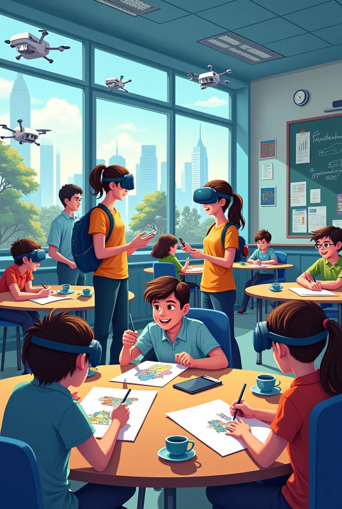 Depicting a bright classroom,Full of technology。Students in the classroom can use VR glasses for virtual reality learning,They can explore various scenarios and knowledge in an immersive way。at the same time,There are also students drawing cartoon characters,Showing their creativity and artistic talent。Teachers are teaching students how to take pictures with cameras,Develop their photography skills。Some people paint with brushes,Express your thoughts and feelings。at the same time,There are students exploring in the classroom,Discover new knowledge and discoveries。There are even students operating drones to measure,Demonstrate technology applications and innovation。The entire illustration can be arranged vertically,Highlight the character's face and expression,This illustration is suitable for commercial use,Can be used for education related、Promotional material, ETC,Demonstrating modern educational technology and innovation。