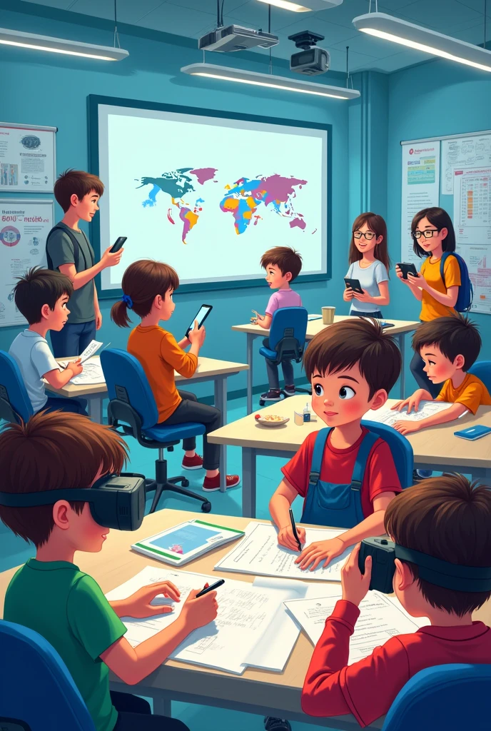 Depicting a bright classroom,Full of technology。Students in the classroom can use VR glasses for virtual reality learning,They can explore various scenarios and knowledge in an immersive way。at the same time,There are also students drawing cartoon characters,Showing their creativity and artistic talent。Teachers are teaching students how to take pictures with cameras,Develop their photography skills。Some people paint with brushes,Express your thoughts and feelings。at the same time,There are students exploring in the classroom,Discover new knowledge and discoveries。There are even students operating drones to measure,Demonstrate technology applications and innovation。The entire illustration can be arranged vertically,Highlight the character's face and expression,This illustration is suitable for commercial use,Can be used for education related、Promotional material, ETC,Demonstrating modern educational technology and innovation。